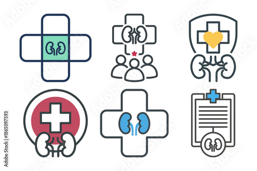 Set of six line art kidney health logo icons for community support patient care and medical reports