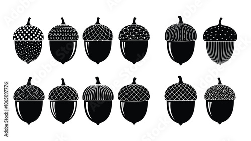 A collection of monochrome acorn silhouettes in varying shapes and designs