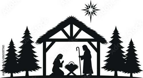 Minimalist nativity silhouette illustration of Mary Joseph and baby Jesus in manger with Bethlehem star and pine trees Christmas