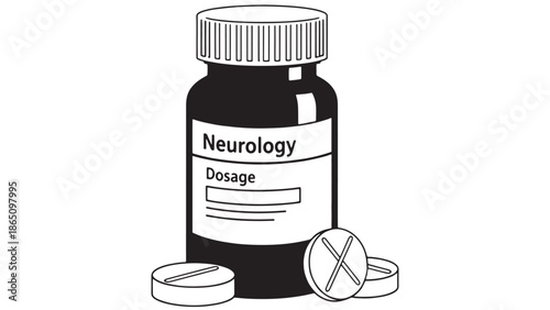 Prescription medicine bottle for neurology dosage with tablets for pharmaceutical research development and retail healthcare industry marketing resources for specialized brain treatment.