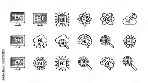 Artificial intelligence icons representing machine learning neural networks and computer vision