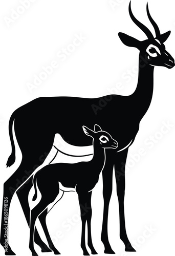 Elegant black silhouette of an adult gazelle with its young fawn
