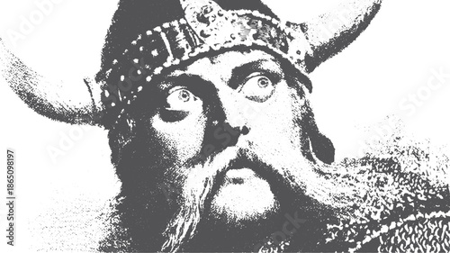 Viking man with a horned helmet and striking expression. Classic monochrome vector illustration highlighting historical detail.