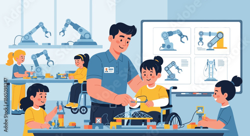 Inclusive STEM Education Teacher Guiding Students in Robotics Project.