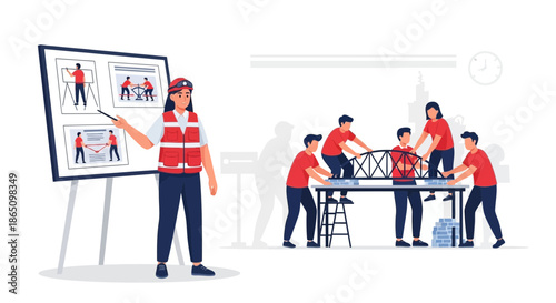 Instructor guiding a team building a bridge model.