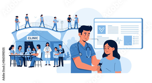 Medical Clinic Illustration Doctor Examining Patient with Clinic Background.