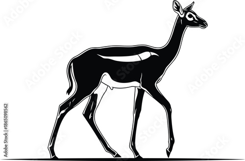 Monochrome graphic illustration of a walking antelope silhouette