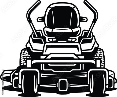Aggressive front view of a modern zero-turn riding lawn mower, a bold monochrome vector graphic symbolizing efficient lawn care technology.