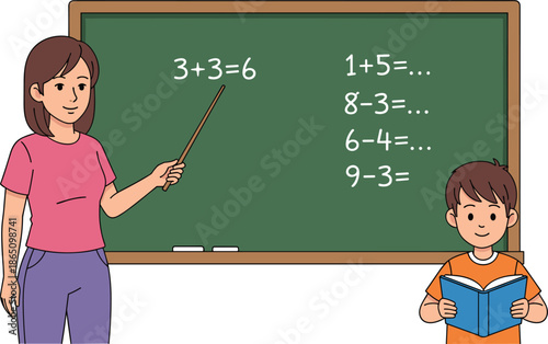 Female teacher pointing at chalkboard with math equations beside young student reading book, flat vector illustration for primary school education