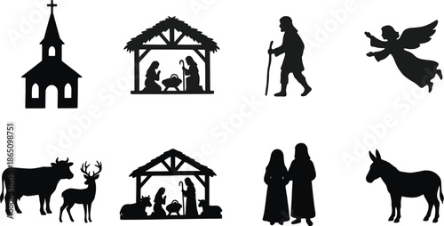 Nativity silhouette icon set with Mary Joseph baby Jesus angels shepherds church and animals minimalist Christmas religious illustration