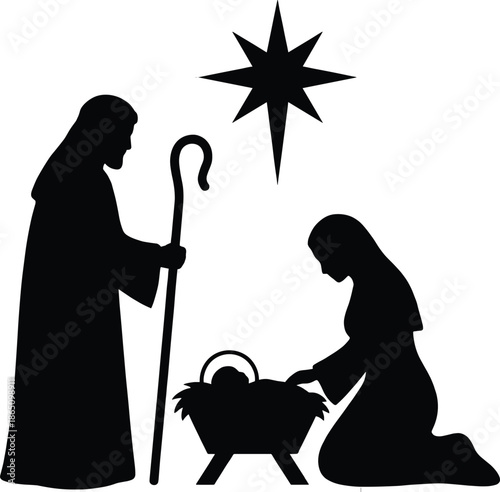 Nativity silhouette of Mary Joseph and baby Jesus with Bethlehem star minimalist black and white Christmas religious illustration