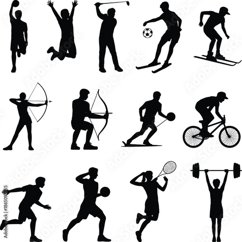 Silhouettes of people engaging in various sports and activities against a white background 1