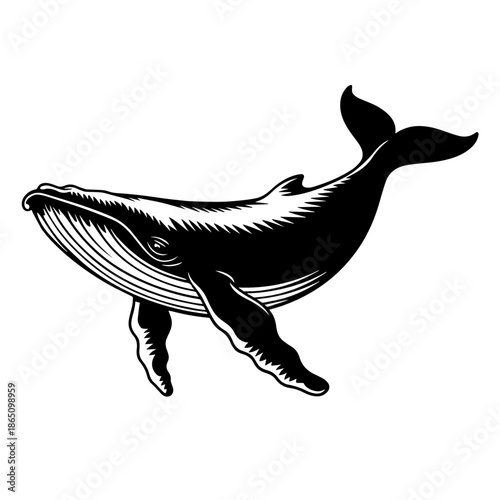 Silhouette of whale swimming drawn with bold minimalist strokes emphasizing graceful movements in ocean waters. Artistic representation of whale highlights beauty and majesty in marine life creation.