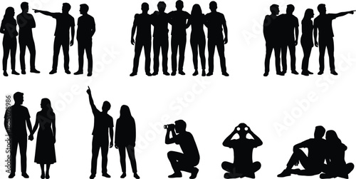 Set of people silhouettes in multiple group poses isolated on white background, teamwork concepts, pointing gestures, couples and observers