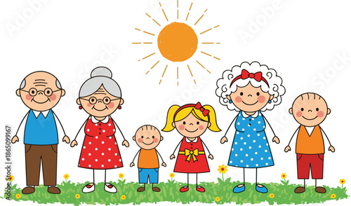 Happy Multigenerational Family Cartoon Illustration Featuring Grandparents and Grandchildren Standing Together in a Sunny Green Meadow Garden Under a Bright Sun