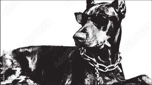 Black dog portrait with sunglasses and a chain. Modern vector illustration showcasing a stylish silhouette with strong contrast.