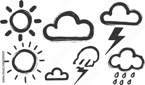 Hand Drawn Weather Doodle Icons Sun Cloud Rain Line Sketch Vector Illustration