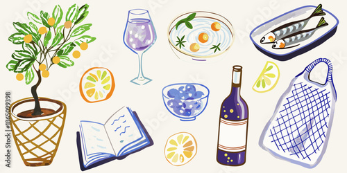 A summer still life featuring citrus fruits wine and a seafood platter