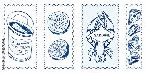 Illustrative seafood designs featuring canned sardines citrus crab and shellfish