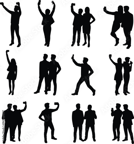 Silhouettes of people taking selfies and posing with smartphones in various group formations groups 1
