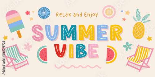 Summer vibes illustration with ice cream chair pineapple and decorative elements