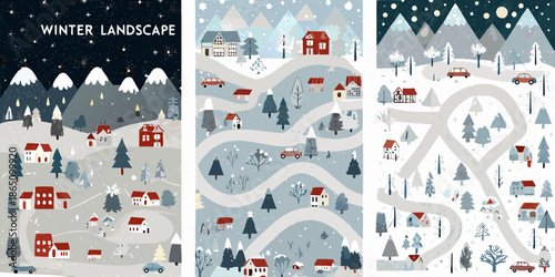 Charming winter scenes illustrated landscapes with snowy mountains and cozy houses