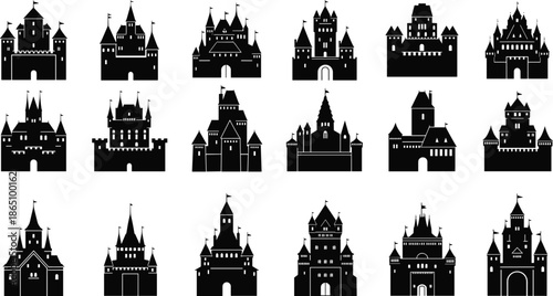Medieval castle silhouette collection with towers and fortresses, black fairy tale palace icons set, isolated vector elements for kingdom design.