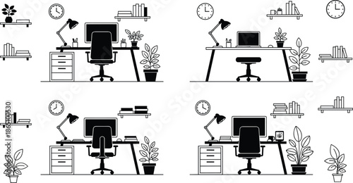 Modern office workspace icon set, home office desk with computer and plants vector illustration, work from home furniture silhouette collection,