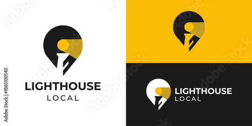 Creative lighthouse local logo template. Far light with pin map location point logo design vector illustration.