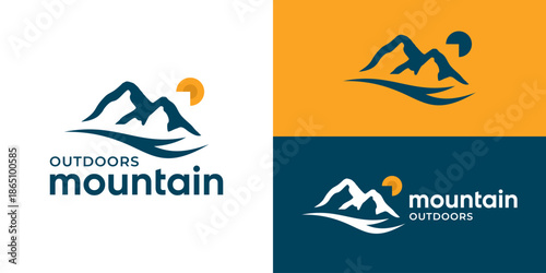 Creative simple mountain outdoors logo template. Mountain hills peak summit adventure camp landscape logo design vector illustration.