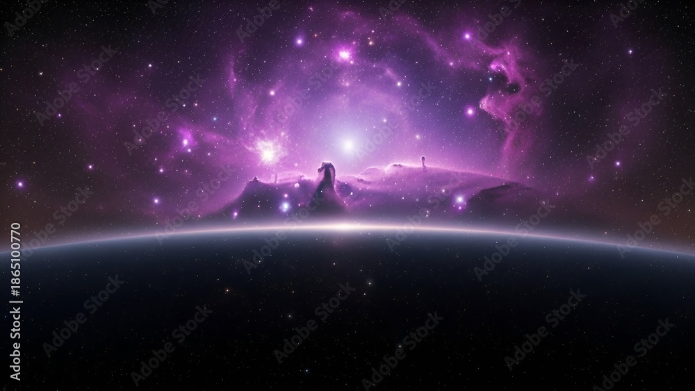 Naklejka premium Celestial symphony of nebulous wonders over a planet's shimmering horizon vast cosmos