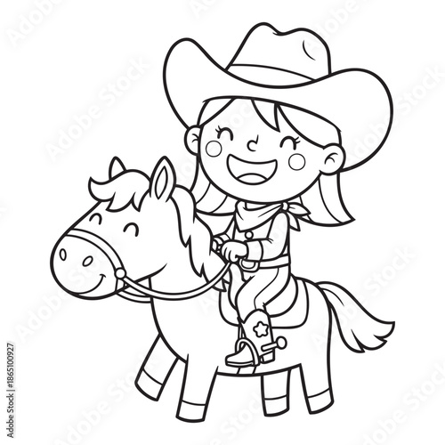 Happy girl riding a pony while wearing a cowboy hat ,children's coloring page