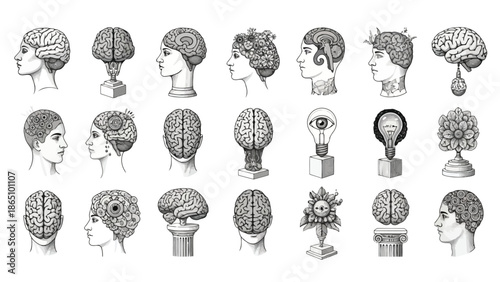 Vintage illustrations depicting human brains heads and symbolic representations of thought