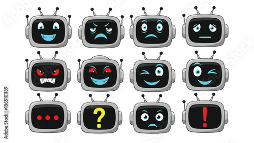 Colorful robots displaying various facial expressions and emotional states