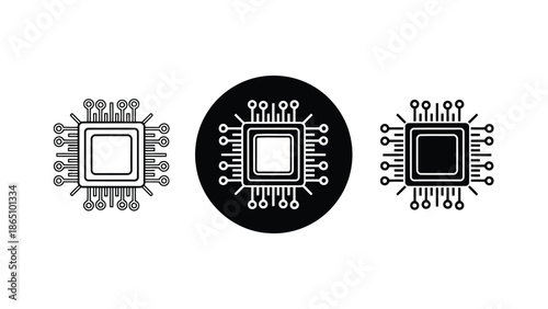Three different black and white outlines of integrated circuit chips