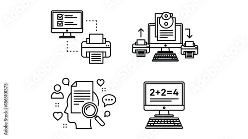 Office equipment and learning icons computers printers documents and calculations