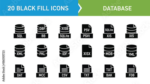 Collection of twenty black database icons representing various data file types