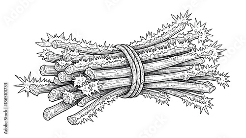 A vintage illustration depicts a tightly bound bundle of slender thorny branches showcasing detailed botanical artwork