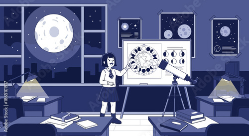 Young Student Explaining Moon Phases in Astronomy Class.