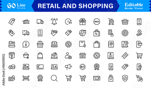 Retail And Shopping line icon set featuring editable, pixel-perfect icons with a professional, modern, and minimal style. Ideal for commerce and consumer-focused projects.