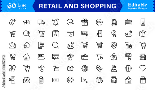Retail And Shopping line icon set featuring editable, pixel-perfect icons with a professional, modern, and minimal style. Ideal for commerce and consumer-focused projects.