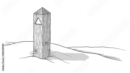 A simple sketch depicts a weathered wooden post with a triangular opening in a grassy field