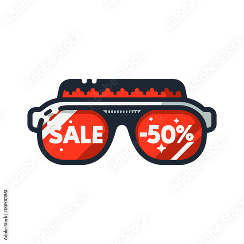 Stylish sunglasses with "Sale -50%" reflected in the lenses. Great for fashion blogs, optician websites, and retail articles focused on summer clearances or eyewear discounts.