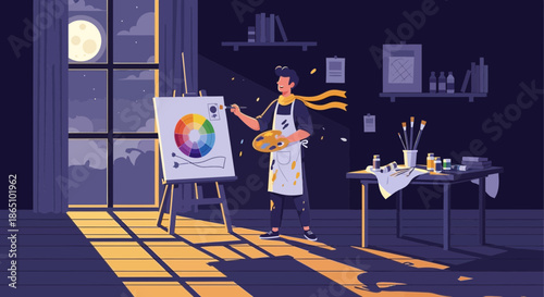 Artist Painting a Color Wheel in Studio with Natural Light.