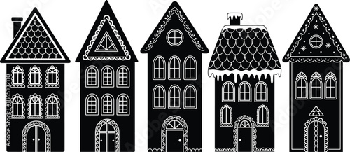 Set of black gingerbread house silhouettes with white decorative icing isolated on white background, flat vector illustration for christmas design