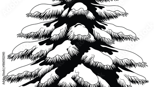 A striking black and white illustration depicts a stylized evergreen tree covered in snow enhancing winter imagery