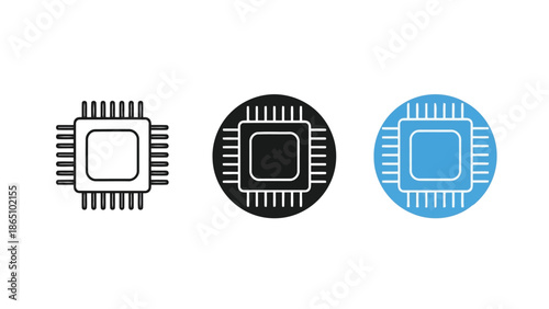 Three microchip icons in varying styles outline filled and colored blue