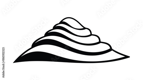 A minimalist black and white illustration depicts a stylized layered shape resembling a wave or dune