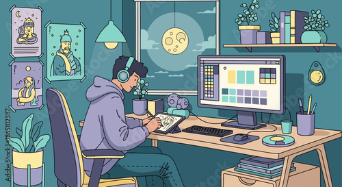 Focused artist working digitally at desk with headphones and tablet.