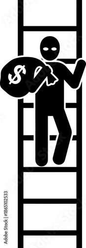 Man criminal or burglar with money bag on ladder, concept of theft, robbery, crime, fraud, law breaking. Vector icon symbol
